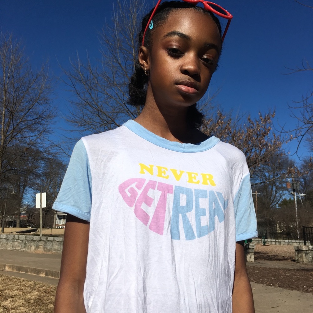 Never get ready shirt with mushrooms on the back